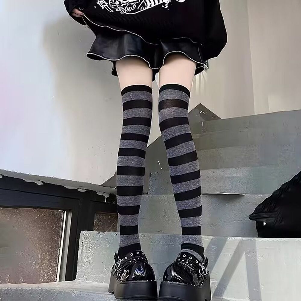 Over the Knee Striped Patterned Socks Light Gray and Black Women's Socks NEW - Picture 2 of 3